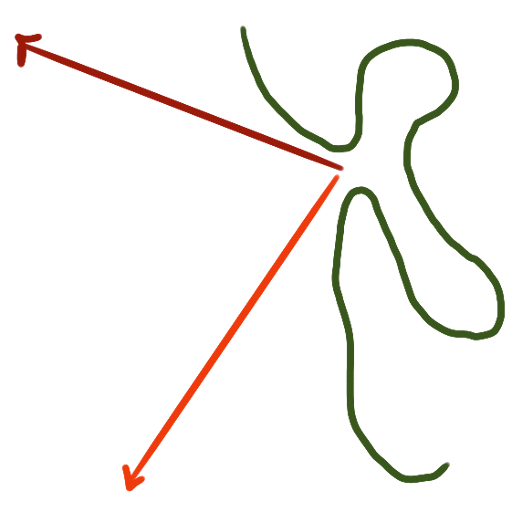 A crude drawing of the San Francisco Bay with two vectors pointing in different directions westward.